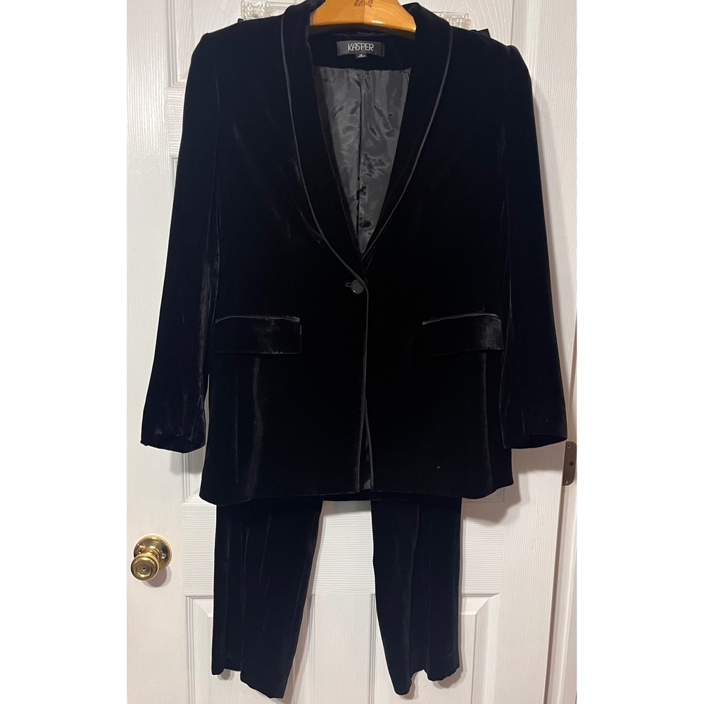 Kasper Womens Black Velvet 2 Piece Pant Suit Silk Blend Shawl Collar Size 12